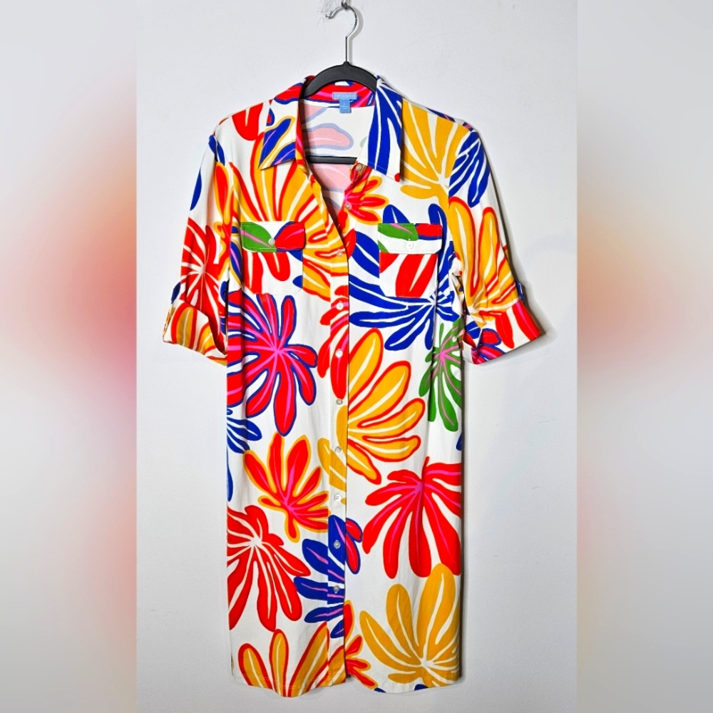 J. McLaughlin Floral Colorful Catalina Cloth Womens LG‎ Collar Shift Dress RARE